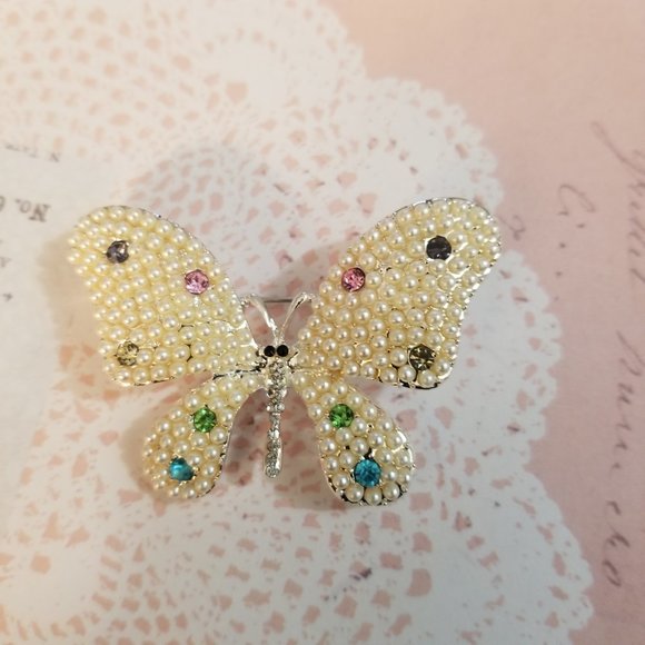 ✨ Elegant Butterfly Brooch 🦋 Simulated Pearls & Multicolored Crystals - Picture 5 of 6